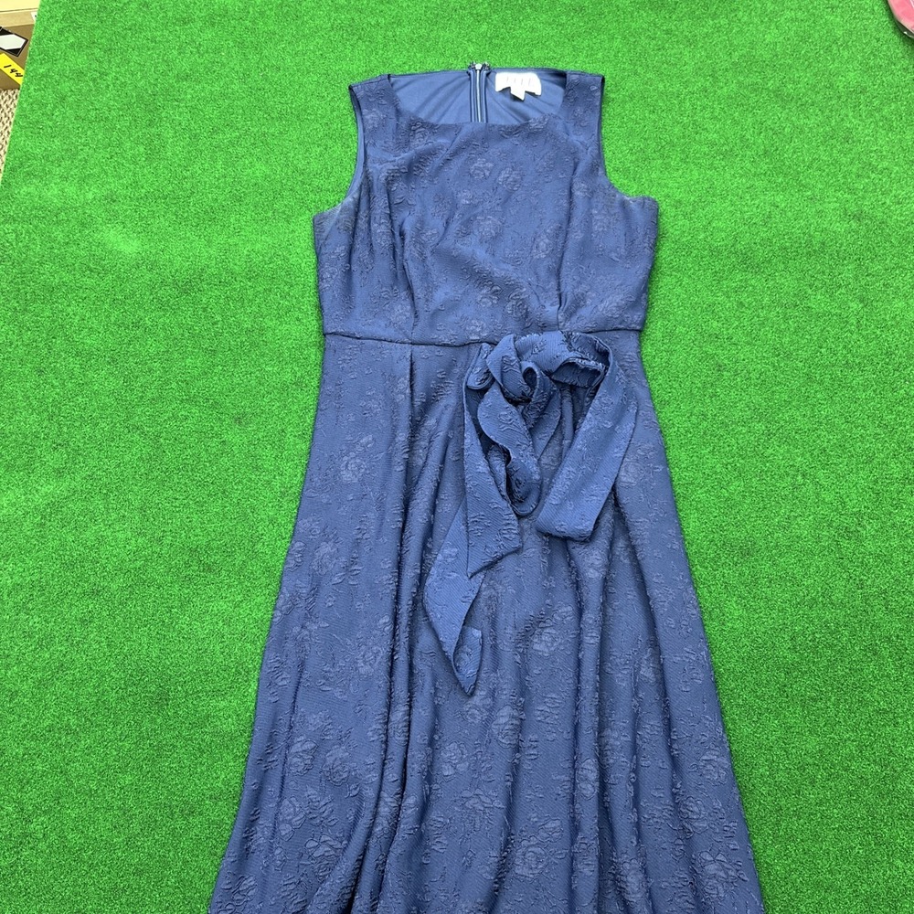 Elle Navy Blue Floral Texture Sleeveless Belted A Line Dress Women Size XS